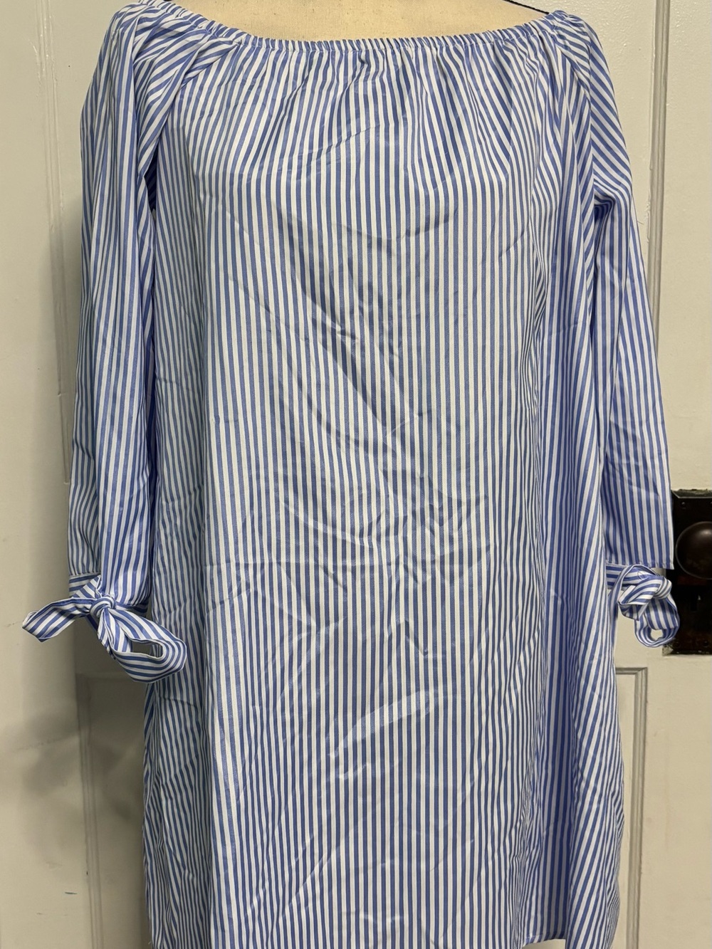 Women’s Blue & White Striped Off-Shoulder Long Sleeve Dress